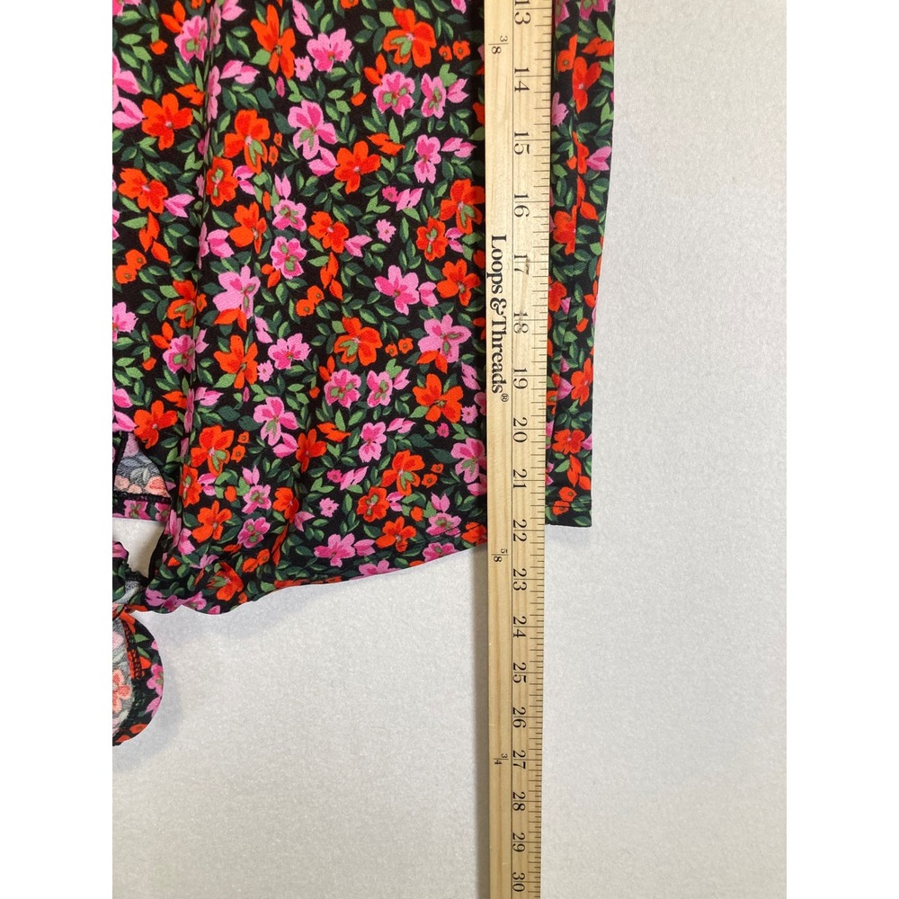 Cottagecore W5 Womens Size S Black Pink‎ Floral Front Tie Short Sleeve Top - Picture 5 of 10